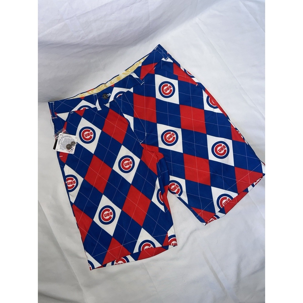 LOUDMOUTH CHICAGO CUBS GOLF SHORTS NWT MLB BASEBALL BLUE RED ARGYLE COTTON 34